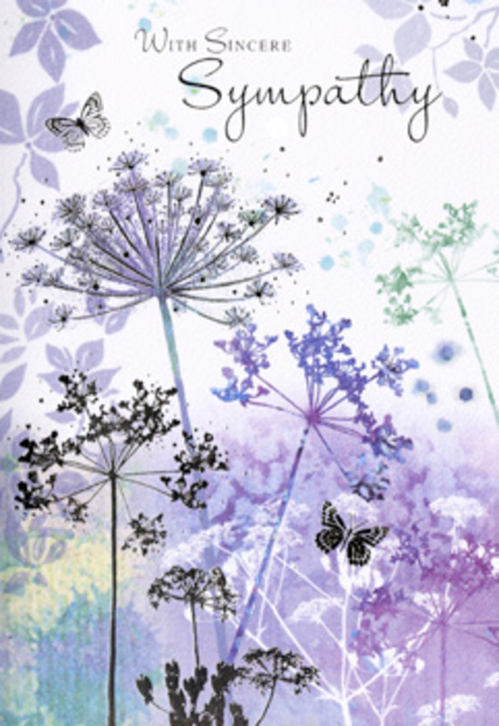 The design of this sympathy card has the quiet grace of a dewy morning around St Paul's Cray, when the world feels hushed and thoughtful. Across the front, slender wildflower stems rise in loose clusters, each topped with delicate, umbrella-shaped heads that look almost like fine lace held up to soft light. The artist has used a palette of muted violets, dusky lilacs, and gentle blue-greys, with touches of silvery green that fade into a dreamy watercolour backdrop. Nothing is heavy or bold; every line and petal appears almost weightless, as though the flowers are suspended in a soft breeze. Among the blooms, two or three butterflies drift serenely, their wings faint and almost transparent, brushed with lavender and soft blue so lightly they seem to shimmer rather than sit on the page. The background transitions smoothly from pale, misty purple at the top to a more grounded blend of sage and grey-blue at the base, evoking that in-between light just after dawn, when memories and emotions feel especially close. This gentle, tonal layering creates a sense of depth without any sharp edges, reflecting the kind of quiet, heartfelt condolences families seek when arranging funeral flowers locally. The overall impression is one of contemplation and care, a calm space where sorrow can rest alongside enduring love. It feels as though the card has been designed by someone who understands the language of flowers and the tender support needed when sending sympathy within the St Paul's Cray community.