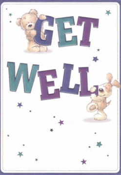 The atmosphere of this get well card feels as comforting as a gentle stroll through Scadbury Park, filled with lightness and good cheer. At the centre, a snuggly teddy bear perches playfully atop the word 'GET,' while a joyful puppy nuzzles the prominent 'WELL' below. Their rounded figures and expressive, caring faces shimmer with affection, reminiscent of the caring connections shared among neighbours in St Paul's Cray. Deep purples and calming teals wash across the bold lettering, creating a lively contrast against the crisp, clean white background-a balanced palette that underscores the card's message of hope and empathy. Scattered stars glint across the scene, offering quiet bursts of optimism and reminiscent of the twinkling lights often glimpsed along local high streets on calm evenings. The detailed rendering of soft fur invites you to imagine their warm embrace, and every aspect of the card's composition feels carefully placed, much like an expertly arranged bouquet crafted by a local florist for a friend in need. The entire scene radiates sincere warmth and nurture, perfectly suited for offering encouragement and comfort to loved ones throughout St Paul's Cray.