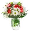 Radiating vibrant cheer, this generously sized bouquet captures the easy elegance and local comfort that defines St Paul's Cray. A core of coral-pink carnations bursts forth, their ruffled petals rippling in gentle movement, supported by a halo of crisp white daisies and luxurious multi-petaled chrysanthemums. Each daisy's green-hued eye pops against snowy petals, creating a lively rhythm. Wisps of baby's breath are deftly woven throughout, lending a cloud-soft texture that lightens the whole arrangement-much like the tranquil mornings in Riverside Gardens. A few tightly closed alstroemeria in rich magenta slightly peek from the left, hinting at more blooms to come and providing depth. The arrangement is embraced by lush, deep green leaves of differing shapes and finishes, offering a grounding, garden-fresh counterpoint. Housed in a simple glass vase with gleaming water, the stems are illuminated from top to bottom, speaking to both freshness and skilled preparation. The evenly diffused light washes over the bouquet, making the colors truly glow. This composition is perfect for brightening a birthday, honoring a milestone, or offering quietly uplifting support during life's transitions in St Paul's Cray-a testament to local floristry tradition and heartfelt craftsmanship.